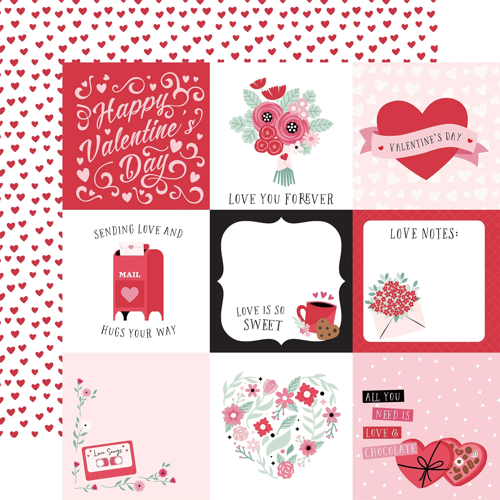 Echo Park - Valentine's Day - 12x12 Single Sheet / 4x4 Journaling Cards