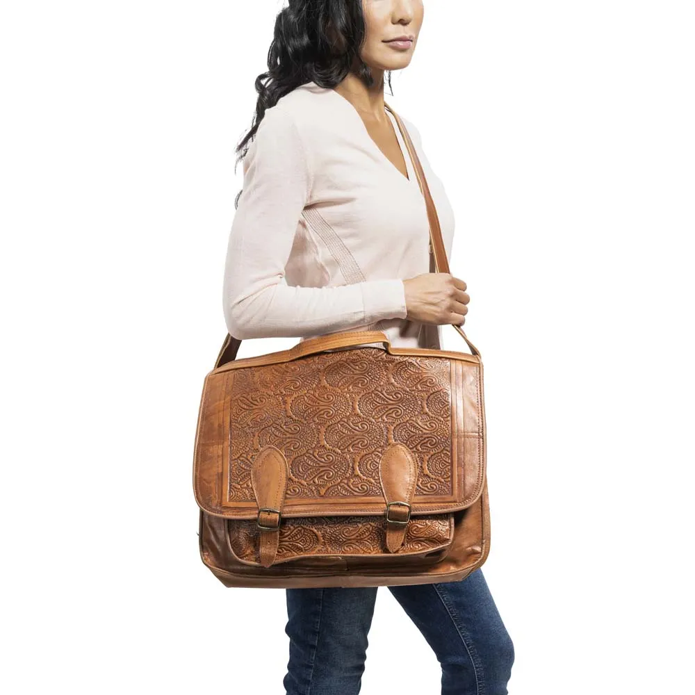 Embossed Leather Laptop Handbag | Brown