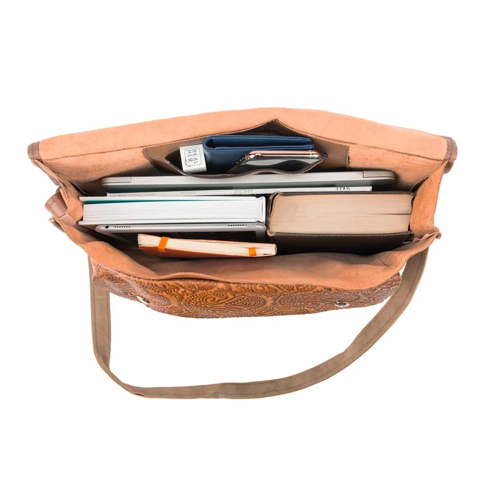 Embossed Leather Laptop Handbag | Brown