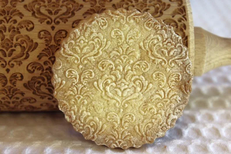 Embossed Rolling Pin, Damask Romantic Clay Stamp, Pottery, Textured Cookie