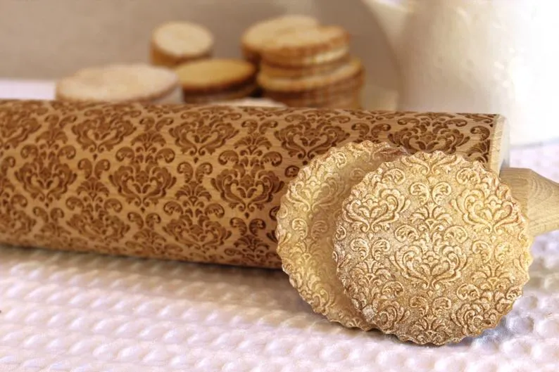 Embossed Rolling Pin, Damask Romantic Clay Stamp, Pottery, Textured Cookie