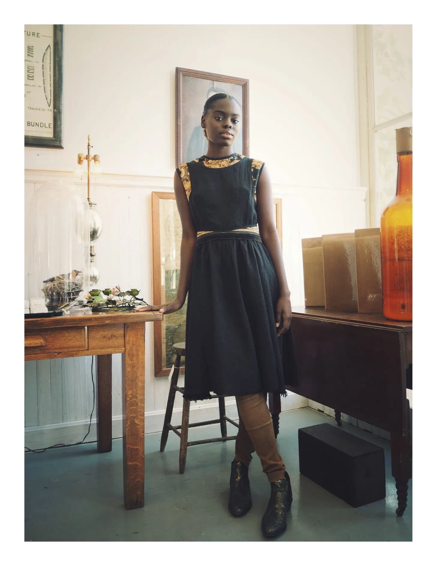 felted linen and wool patched jacquard dress