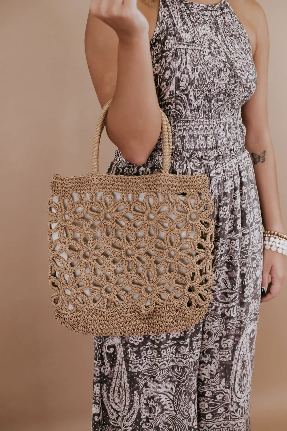 Floral Straw Vacation Bag, Brown