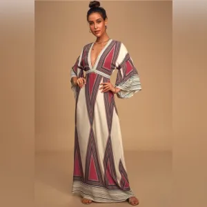 Geometric Patterned Maxi Dress - Pink and Cream