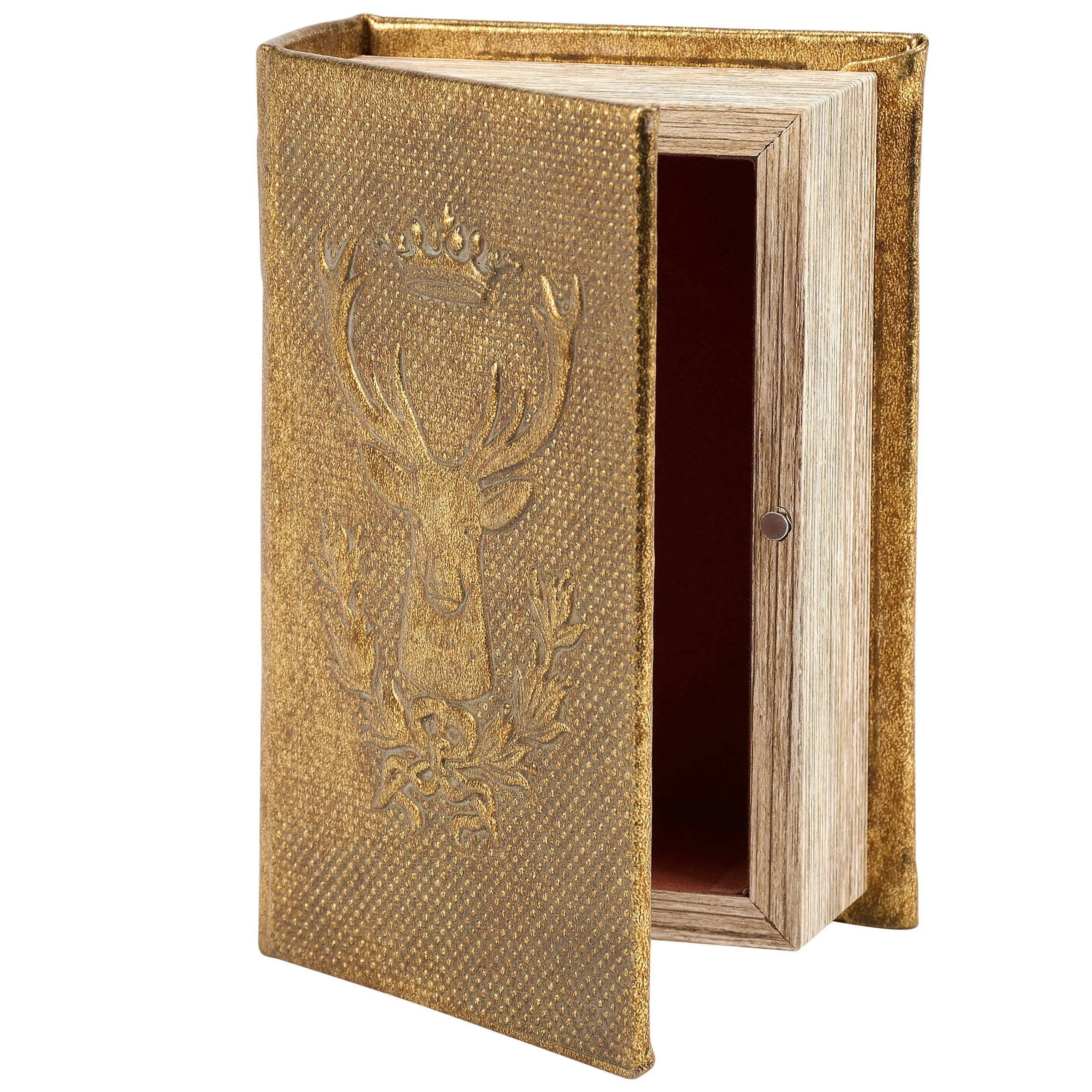 Gold Deer Book Box | Faux Leather Wrap Book Shaped Storage Stash Trinket Box