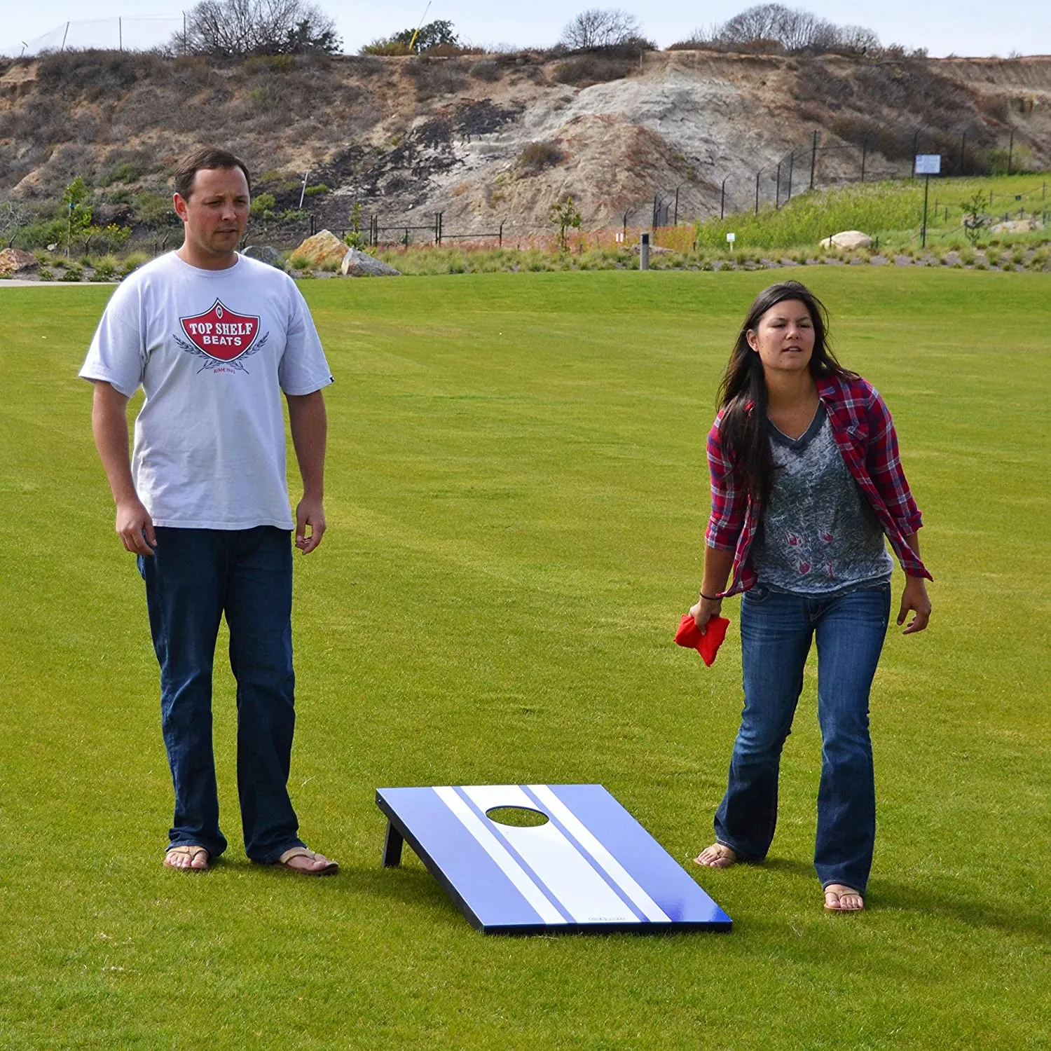 GoSports Cornhole Set Includes 8 Classic Bags Game Case Rules Banner, Has small damage top right side of blue one as shown in pictures, does not affect use, Retails $107 