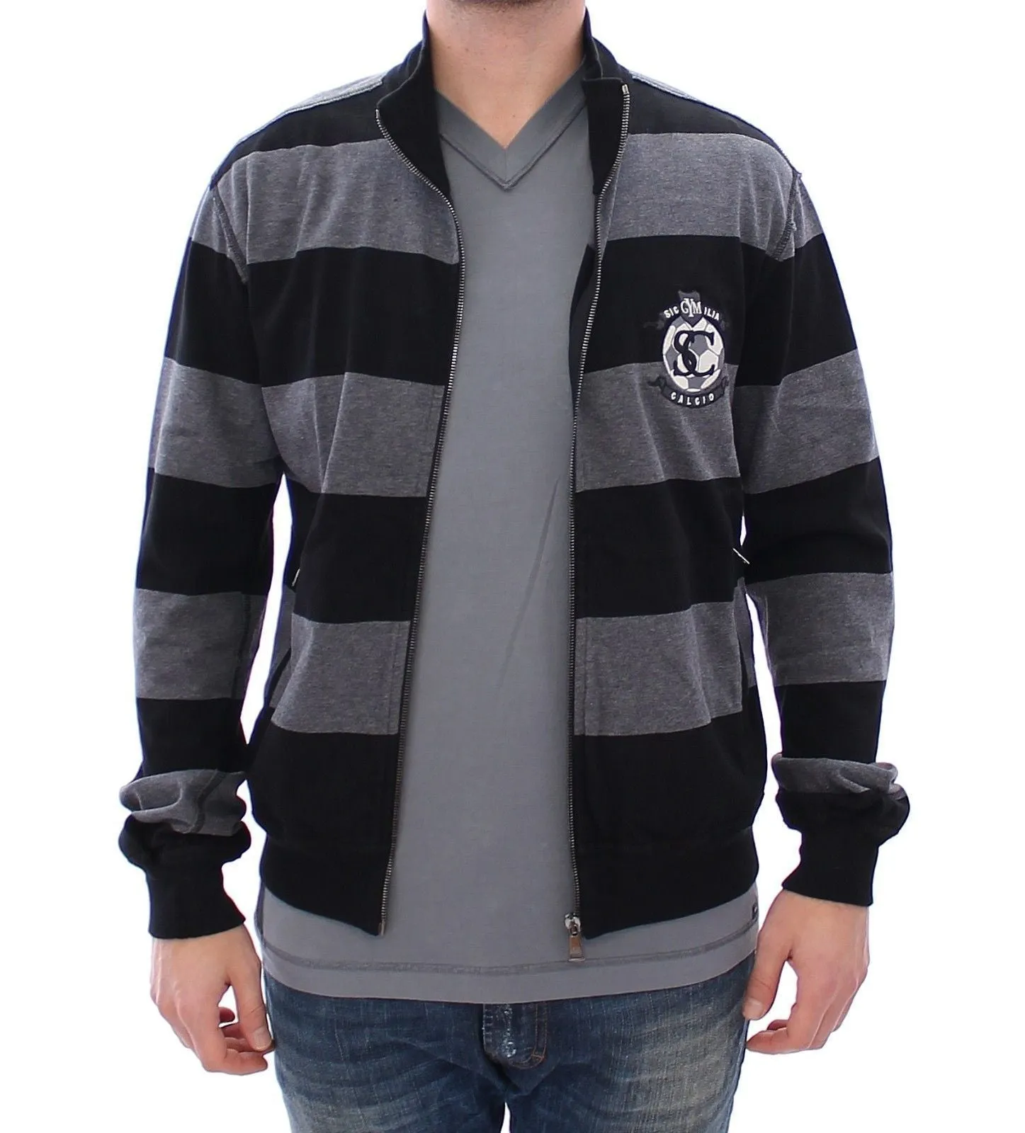 Gray Striped Full Zip Sweater Jacket Jumper Sweatshirt