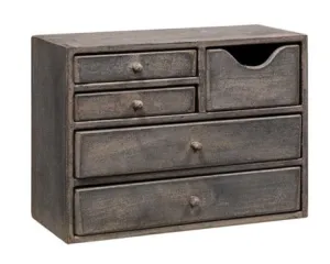 Gray wooden tabletop cabinet with drawers