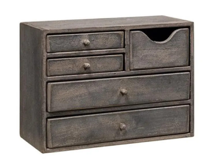 Gray wooden tabletop cabinet with drawers