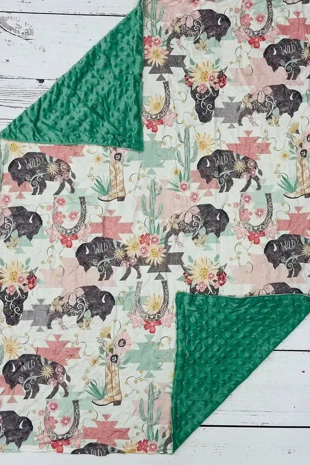 Green Wild Buffalo Aztec Print Minky Blanket