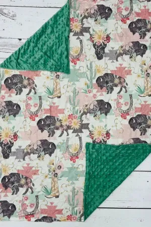 Green Wild Buffalo Aztec Print Minky Blanket