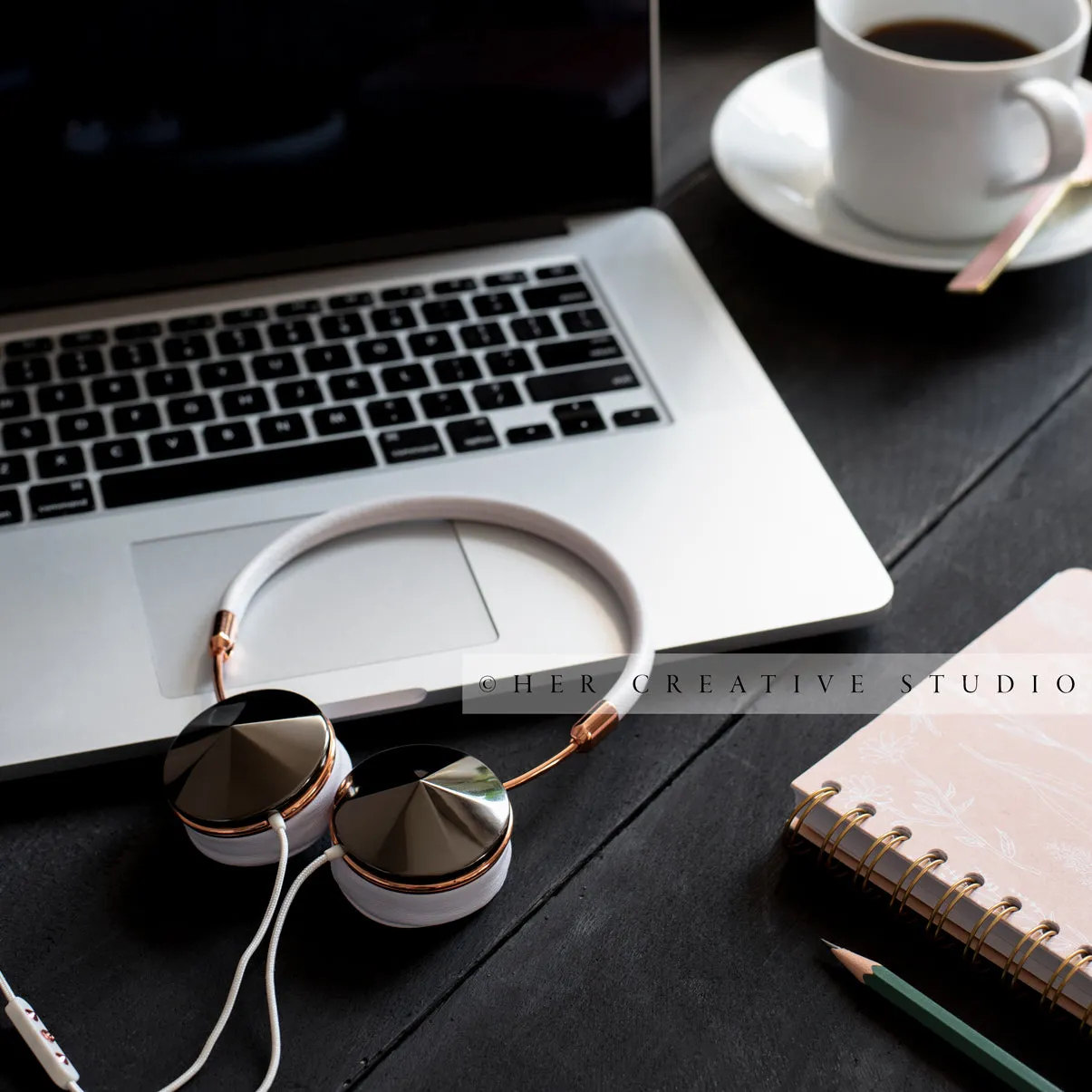 Headphones, Laptop & Coffee on Black Desk