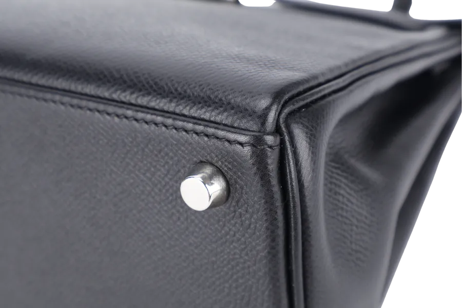 HERMES KELLY 25 RETOURNE BLACK EPSOM SILVER HARDWARE STAMP H (2004) WITH LOCK, KEYS, STRAPS AND DUST COVER