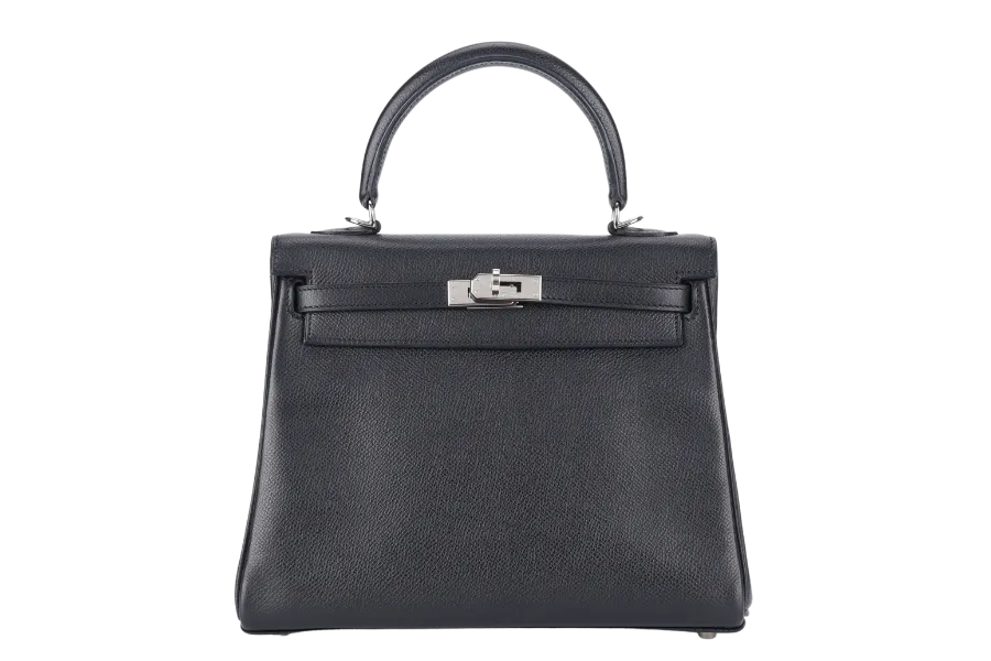 HERMES KELLY 25 RETOURNE BLACK EPSOM SILVER HARDWARE STAMP H (2004) WITH LOCK, KEYS, STRAPS AND DUST COVER