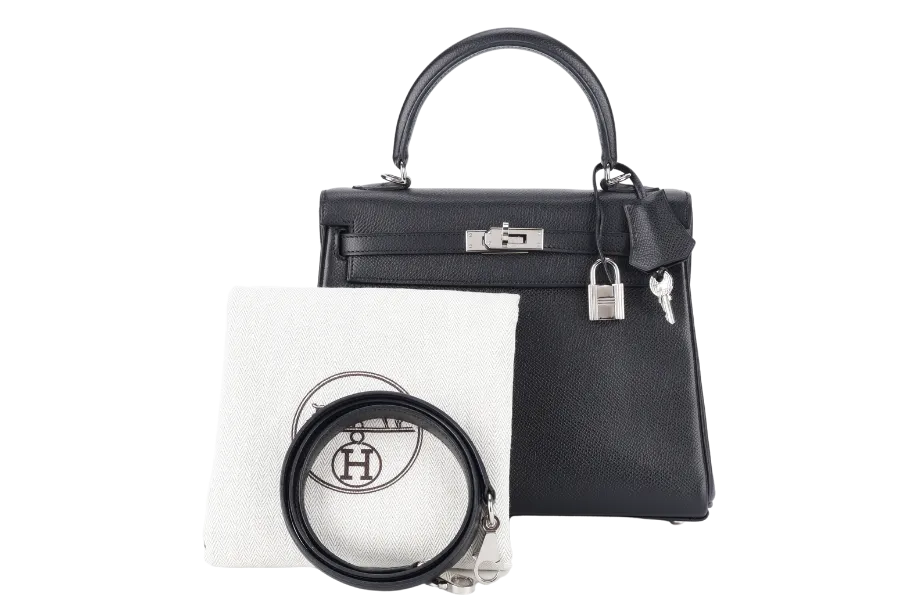 HERMES KELLY 25 RETOURNE BLACK EPSOM SILVER HARDWARE STAMP H (2004) WITH LOCK, KEYS, STRAPS AND DUST COVER