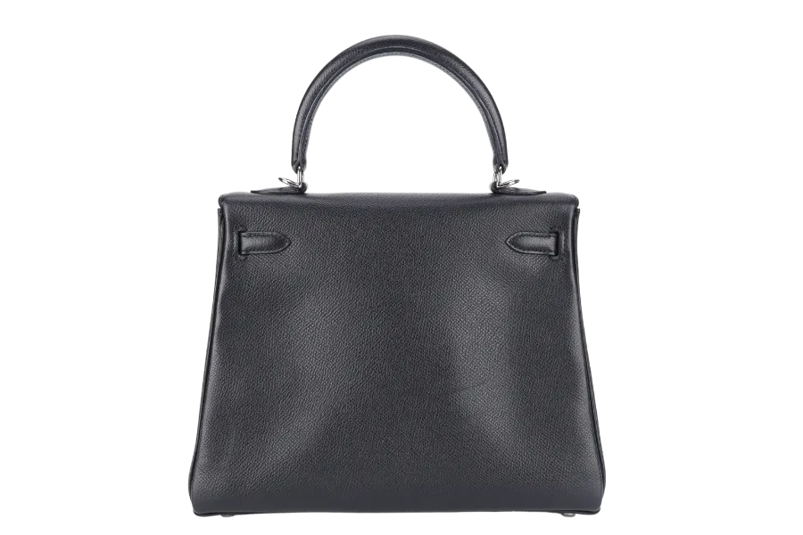 HERMES KELLY 25 RETOURNE BLACK EPSOM SILVER HARDWARE STAMP H (2004) WITH LOCK, KEYS, STRAPS AND DUST COVER