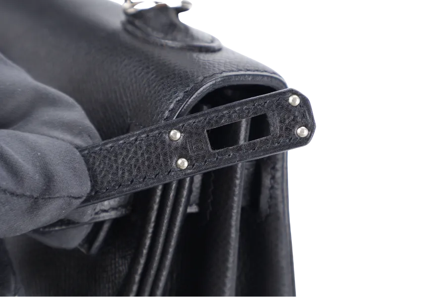 HERMES KELLY 25 RETOURNE BLACK EPSOM SILVER HARDWARE STAMP H (2004) WITH LOCK, KEYS, STRAPS AND DUST COVER