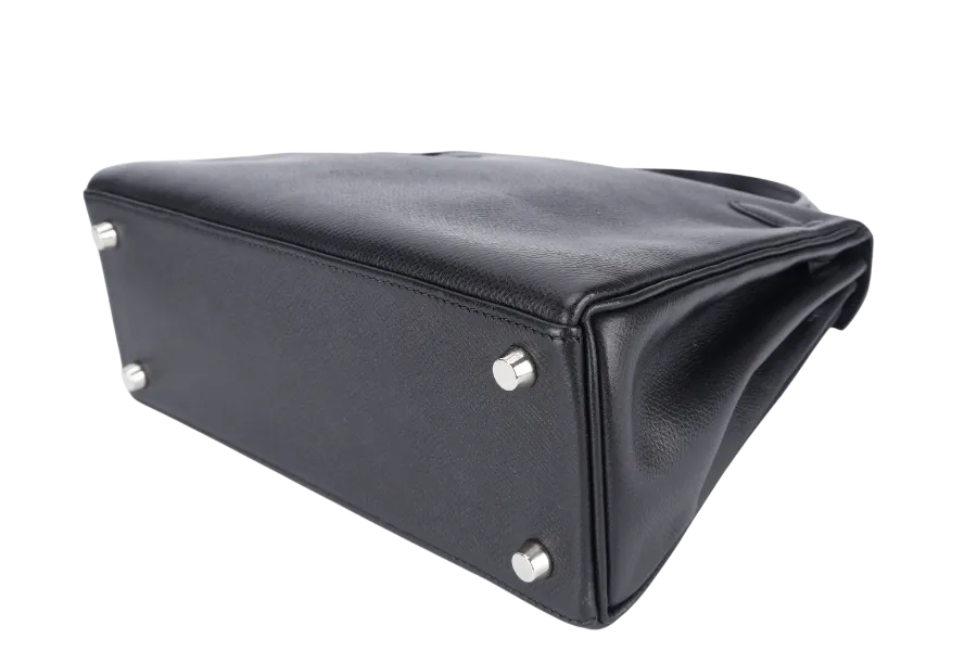 HERMES KELLY 25 RETOURNE BLACK EPSOM SILVER HARDWARE STAMP H (2004) WITH LOCK, KEYS, STRAPS AND DUST COVER