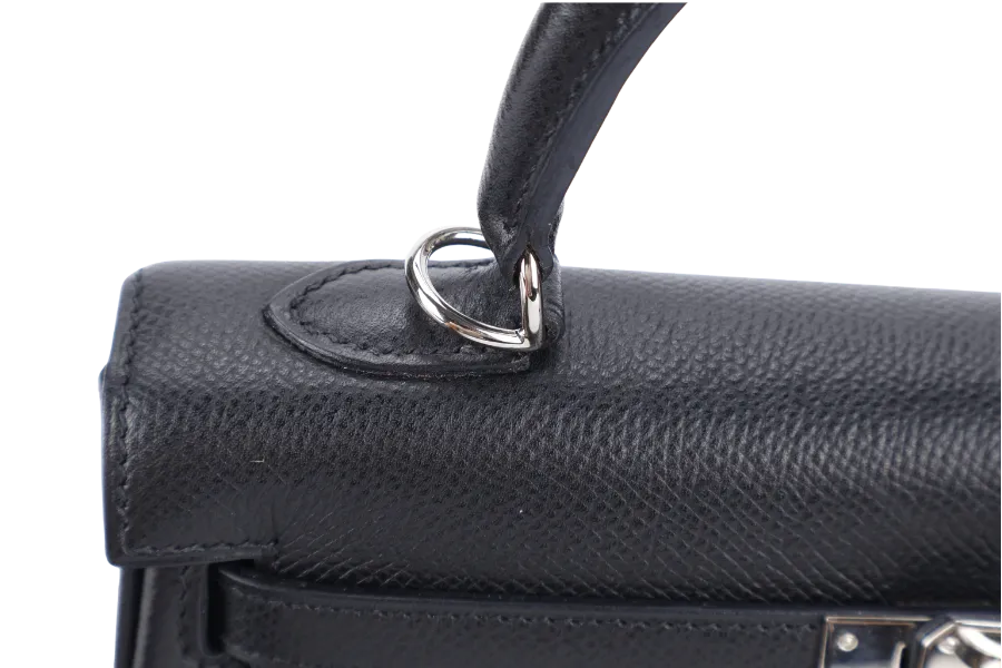 HERMES KELLY 25 RETOURNE BLACK EPSOM SILVER HARDWARE STAMP H (2004) WITH LOCK, KEYS, STRAPS AND DUST COVER