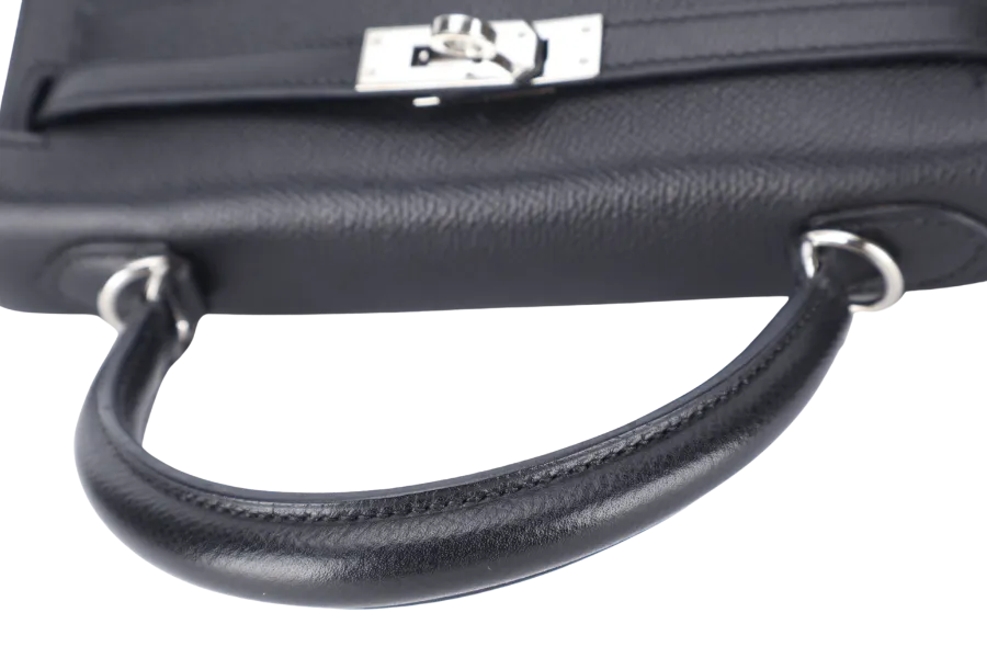 HERMES KELLY 25 RETOURNE BLACK EPSOM SILVER HARDWARE STAMP H (2004) WITH LOCK, KEYS, STRAPS AND DUST COVER