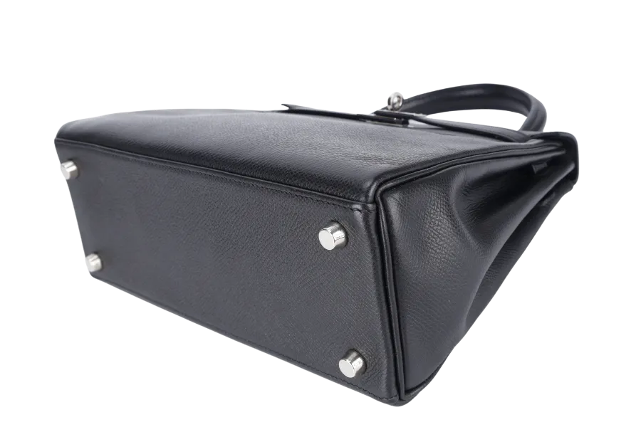 HERMES KELLY 25 RETOURNE BLACK EPSOM SILVER HARDWARE STAMP H (2004) WITH LOCK, KEYS, STRAPS AND DUST COVER