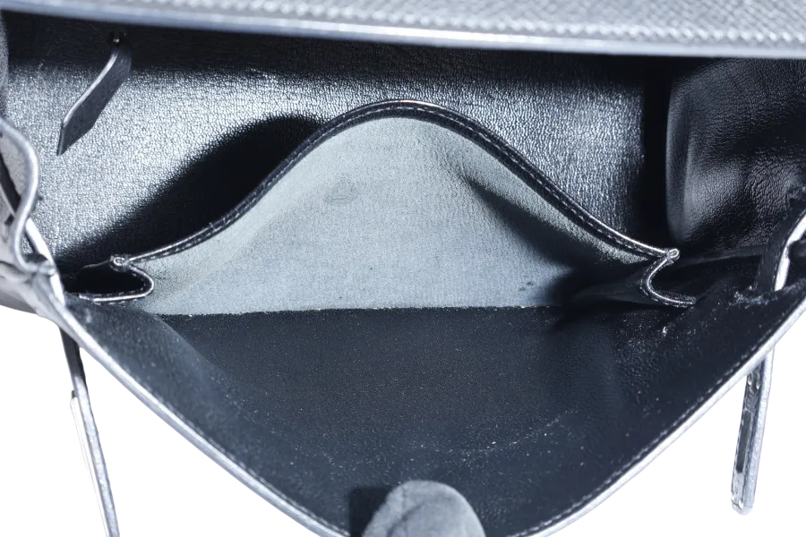 HERMES KELLY 25 RETOURNE BLACK EPSOM SILVER HARDWARE STAMP H (2004) WITH LOCK, KEYS, STRAPS AND DUST COVER