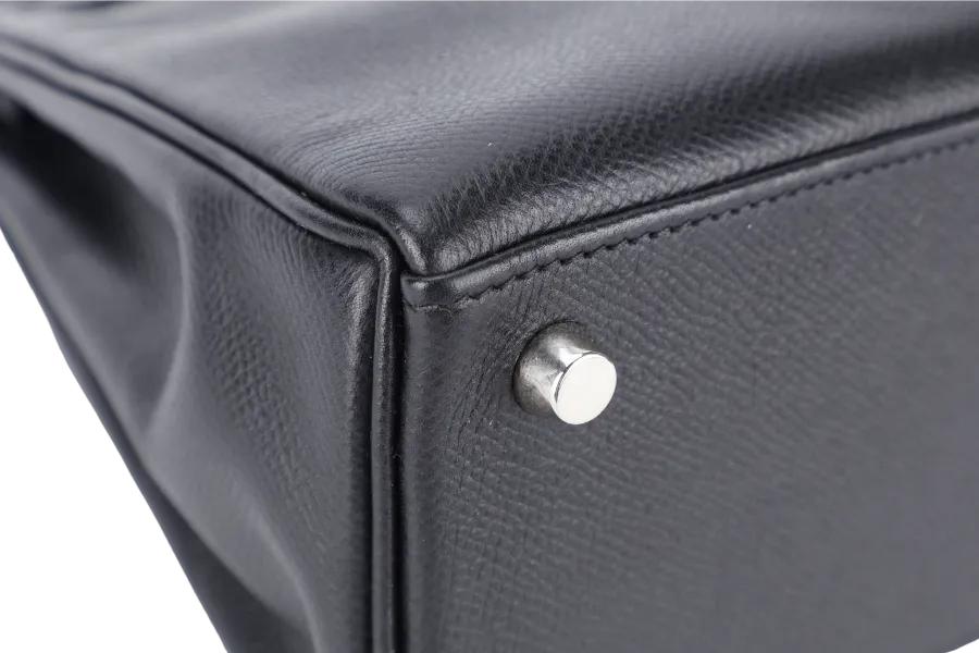 HERMES KELLY 25 RETOURNE BLACK EPSOM SILVER HARDWARE STAMP H (2004) WITH LOCK, KEYS, STRAPS AND DUST COVER