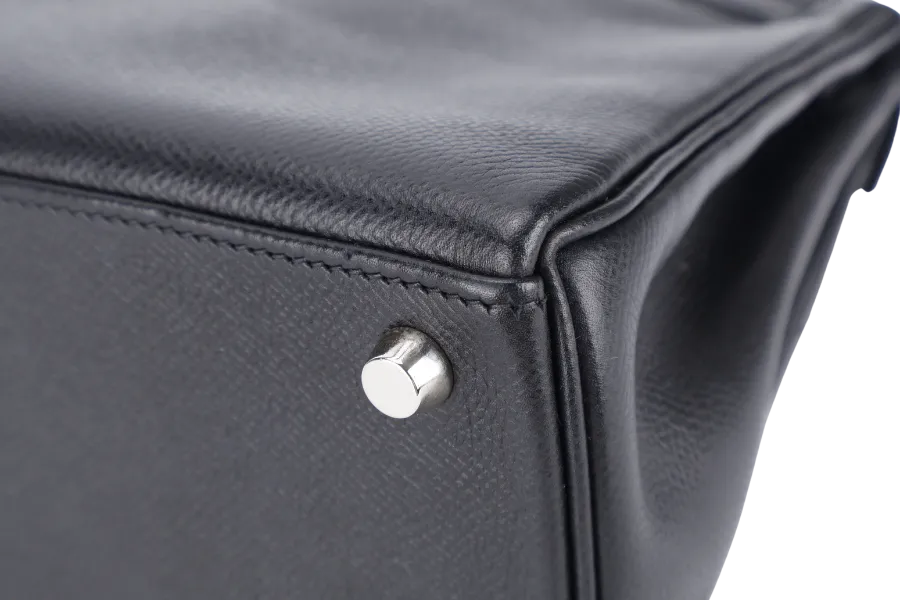 HERMES KELLY 25 RETOURNE BLACK EPSOM SILVER HARDWARE STAMP H (2004) WITH LOCK, KEYS, STRAPS AND DUST COVER