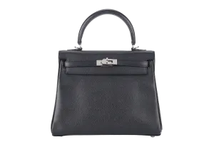 HERMES KELLY 25 RETOURNE BLACK EPSOM SILVER HARDWARE STAMP H (2004) WITH LOCK, KEYS, STRAPS AND DUST COVER