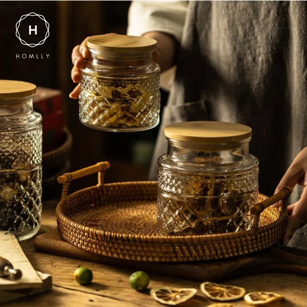 Homlly Qutto Embossed Food Storage Glass Containers with Bamboo Lid