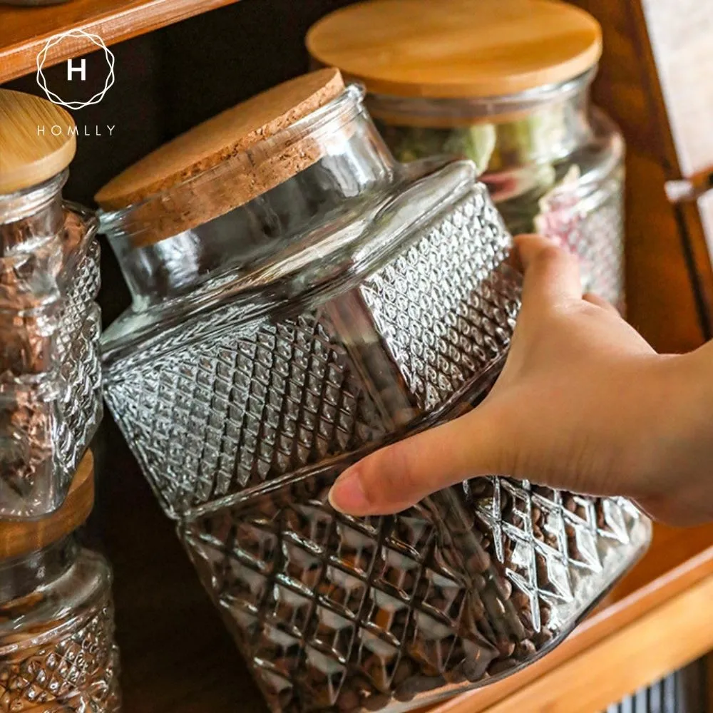 Homlly Qutto Embossed Food Storage Glass Containers with Bamboo Lid
