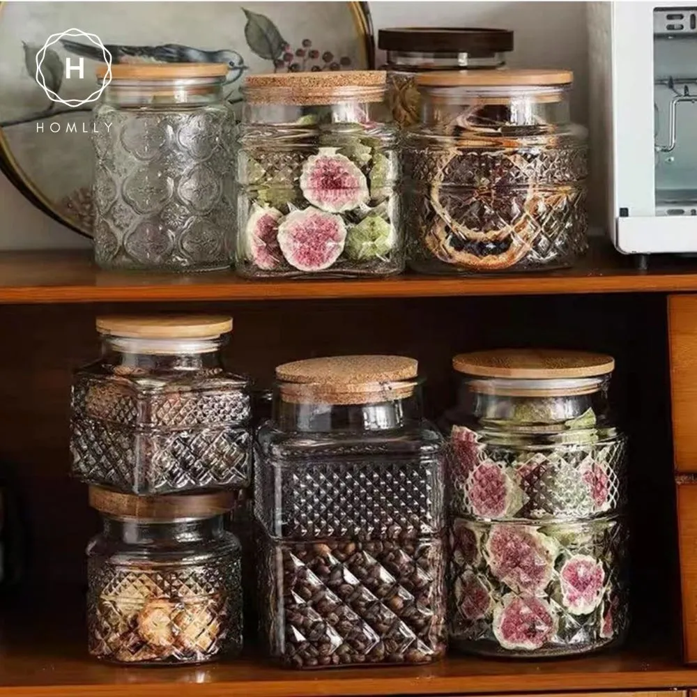 Homlly Qutto Embossed Food Storage Glass Containers with Bamboo Lid