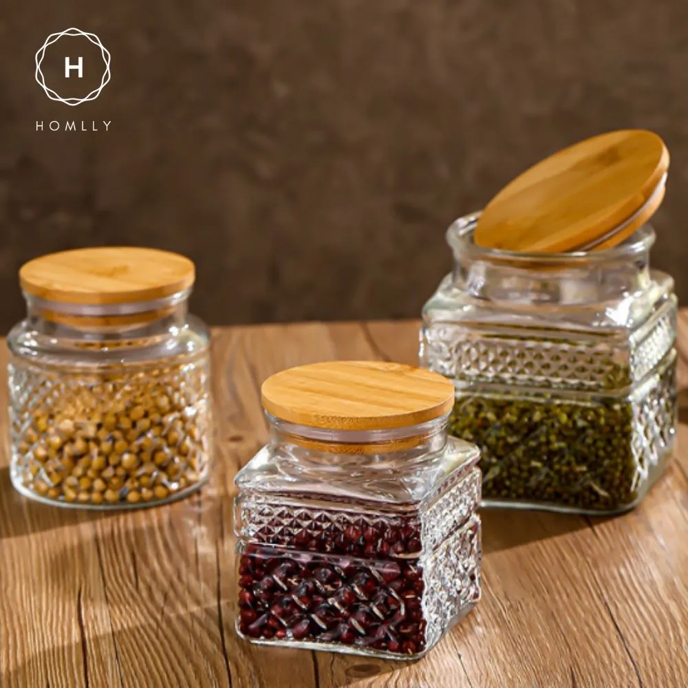 Homlly Qutto Embossed Food Storage Glass Containers with Bamboo Lid