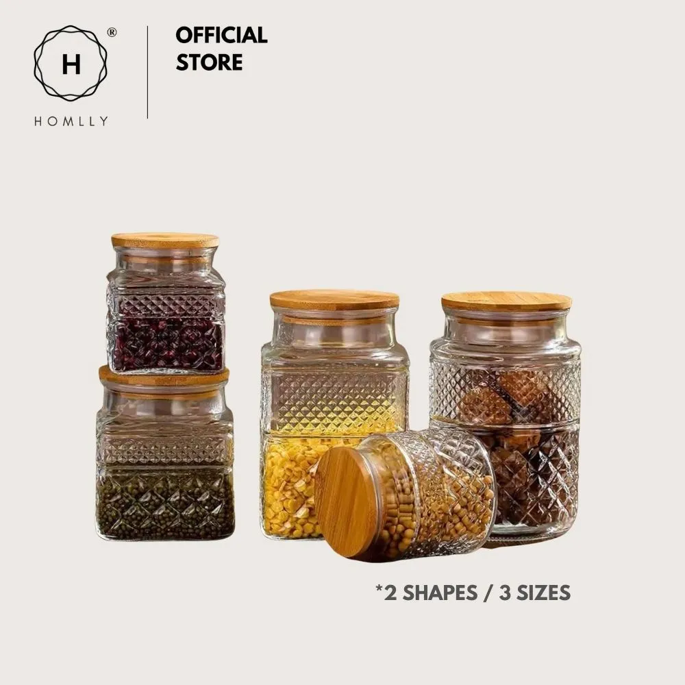 Homlly Qutto Embossed Food Storage Glass Containers with Bamboo Lid