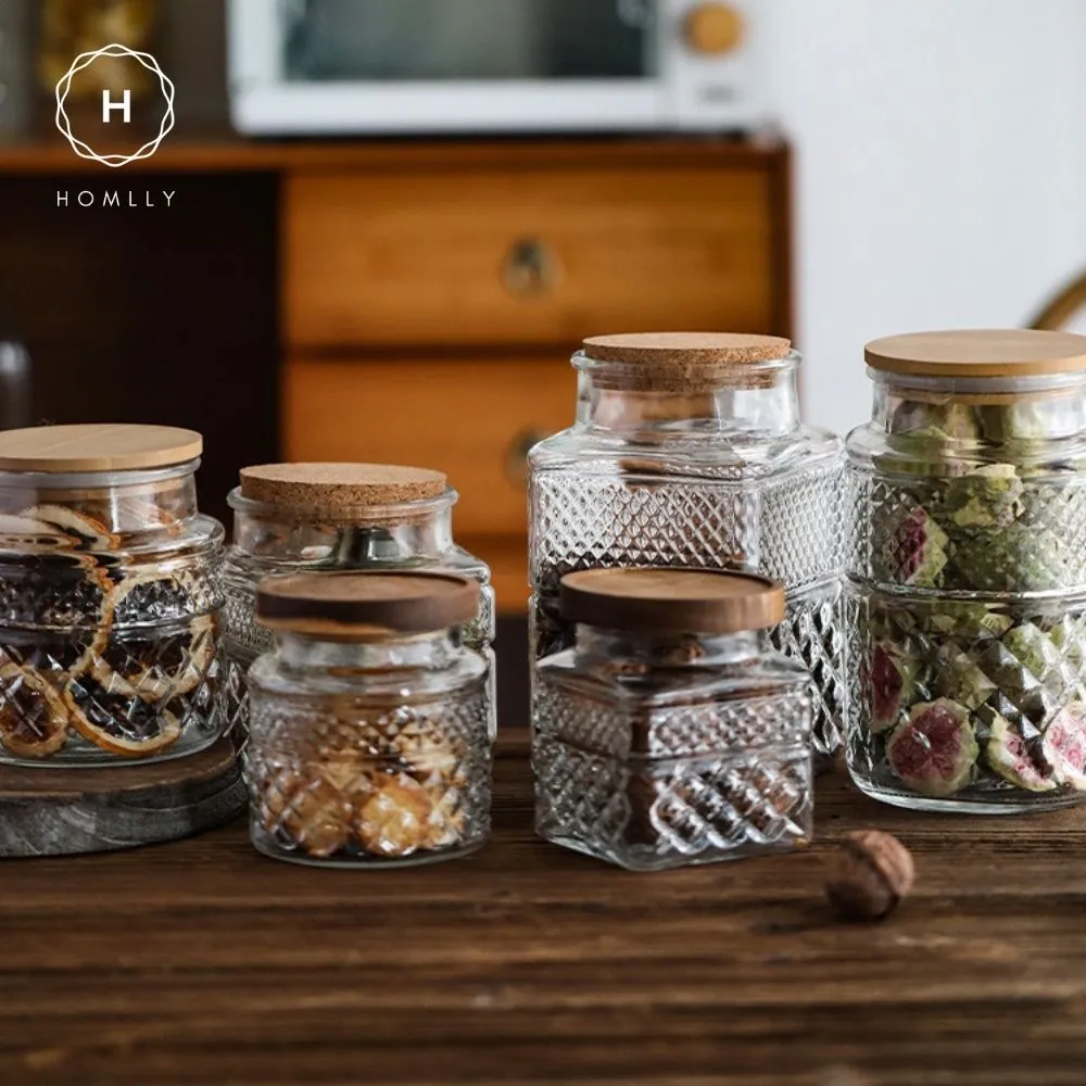Homlly Qutto Embossed Food Storage Glass Containers with Bamboo Lid