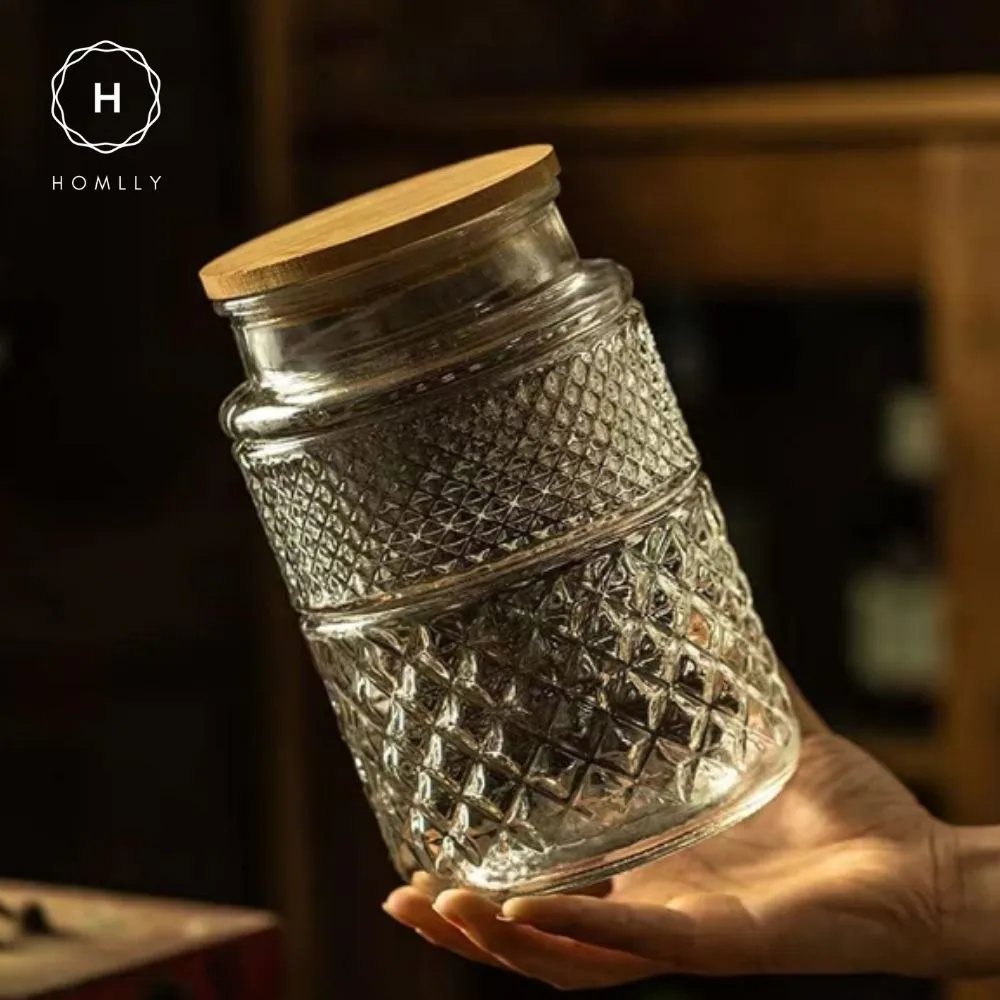 Homlly Qutto Embossed Food Storage Glass Containers with Bamboo Lid
