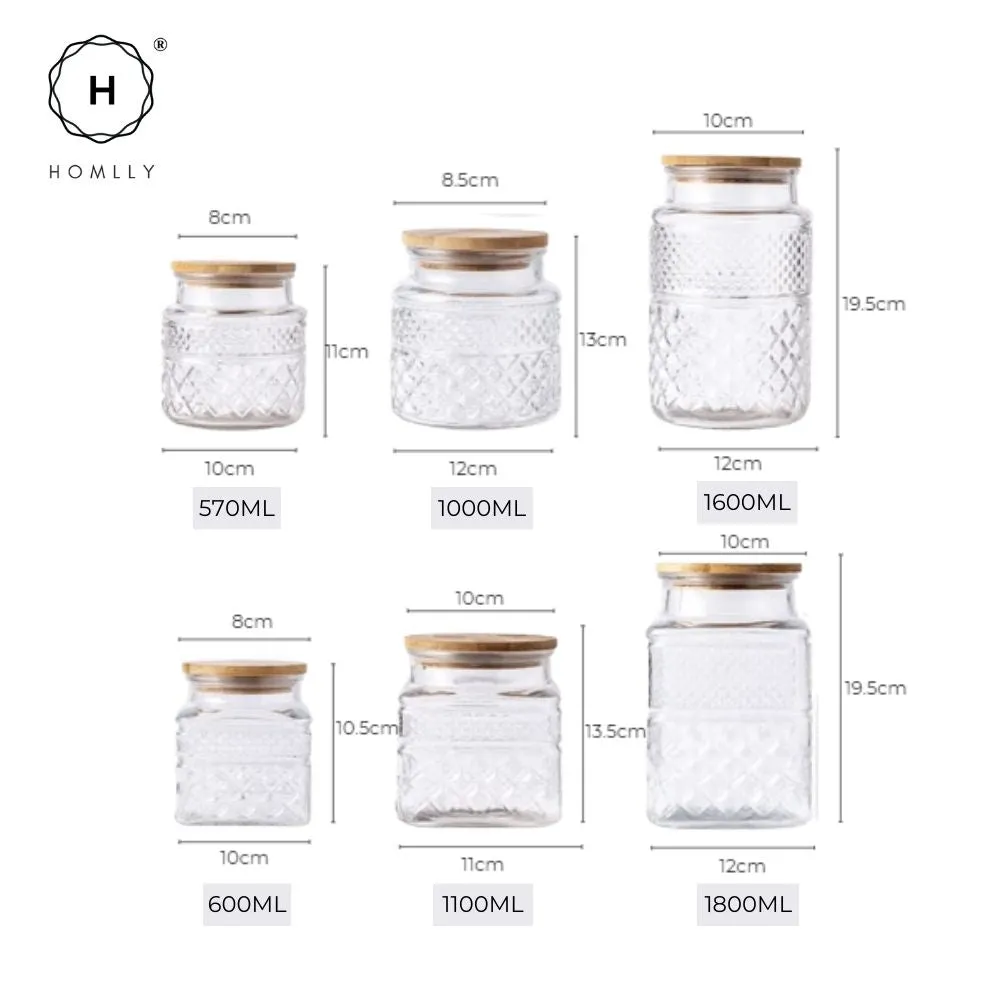 Homlly Qutto Embossed Food Storage Glass Containers with Bamboo Lid