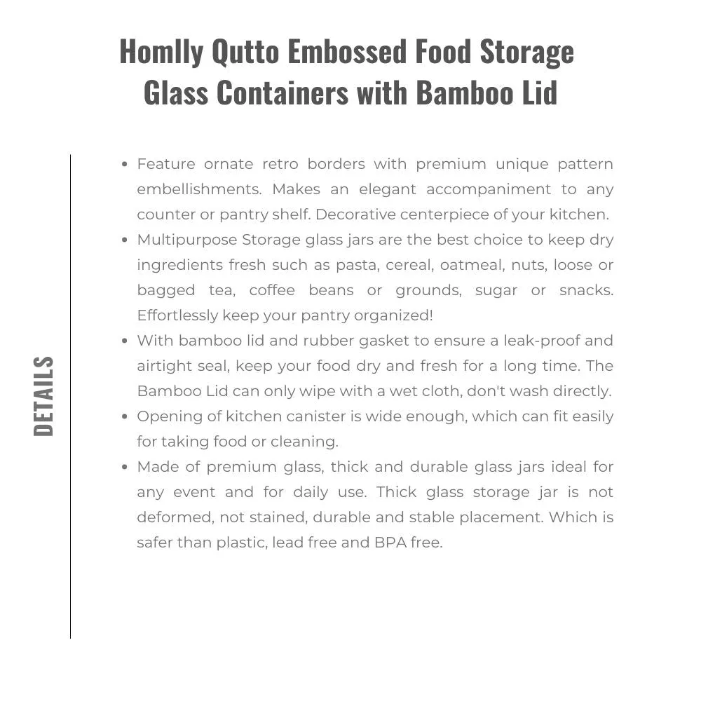 Homlly Qutto Embossed Food Storage Glass Containers with Bamboo Lid