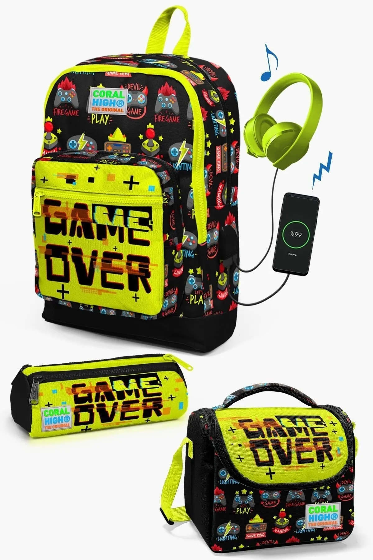Kids Black Neon Yellow Game Over Patterned USB 3 Pcs School Bag Set SET0123828
