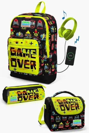 Kids Black Neon Yellow Game Over Patterned USB 3 Pcs School Bag Set SET0123828