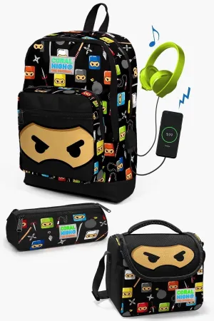 Kids Black Ninja Patterned USB 3-Piece School Bag Set SET0123285