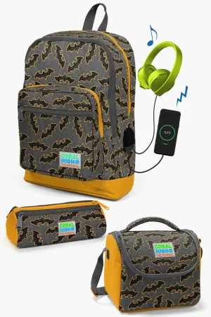 Kids Dark Gray Mustard Bat Patterned USB 3-Piece School Bag Set SET0123821