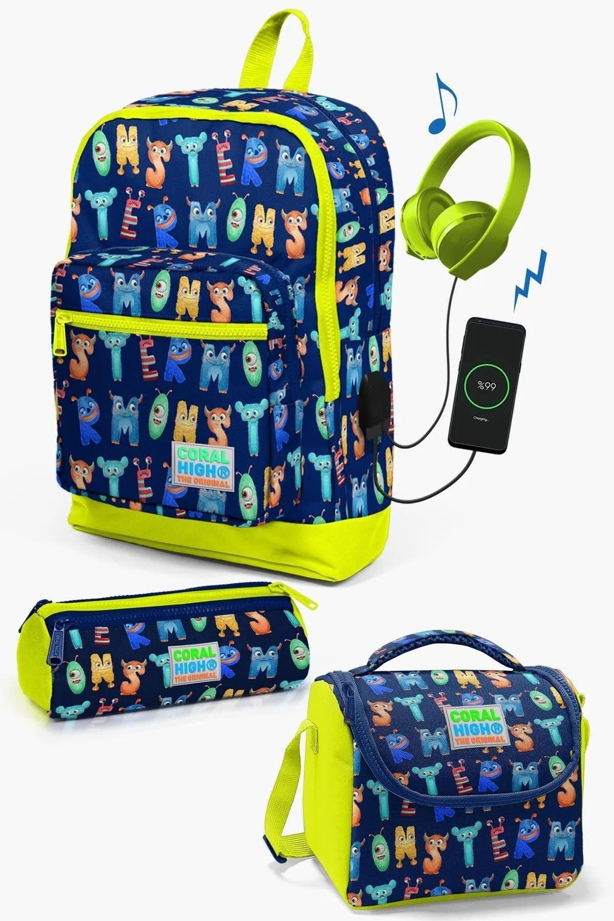 Kids Navy Blue Neon Yellow Monster Patterned USB 3 Pcs School Bag Set SET0123826