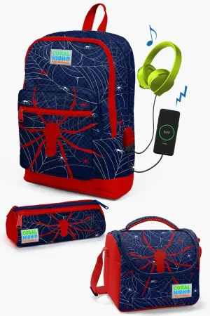 Kids Navy Blue Red Spider Patterned USB 3 Pcs School Bag Set SET0123820