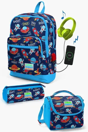 Kids Navy Blue Space Patterned USB 3-Piece School Bag Set SET0123280
