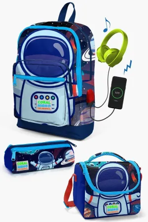 Kids Sax Blue Astronaut Patterned USB 3-Piece School Bag Set SET0123824