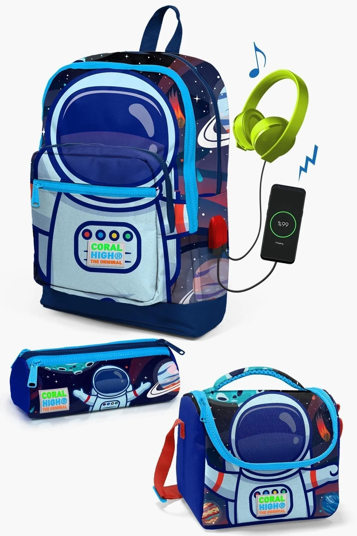 Kids Sax Blue Astronaut Patterned USB 3-Piece School Bag Set SET0123824