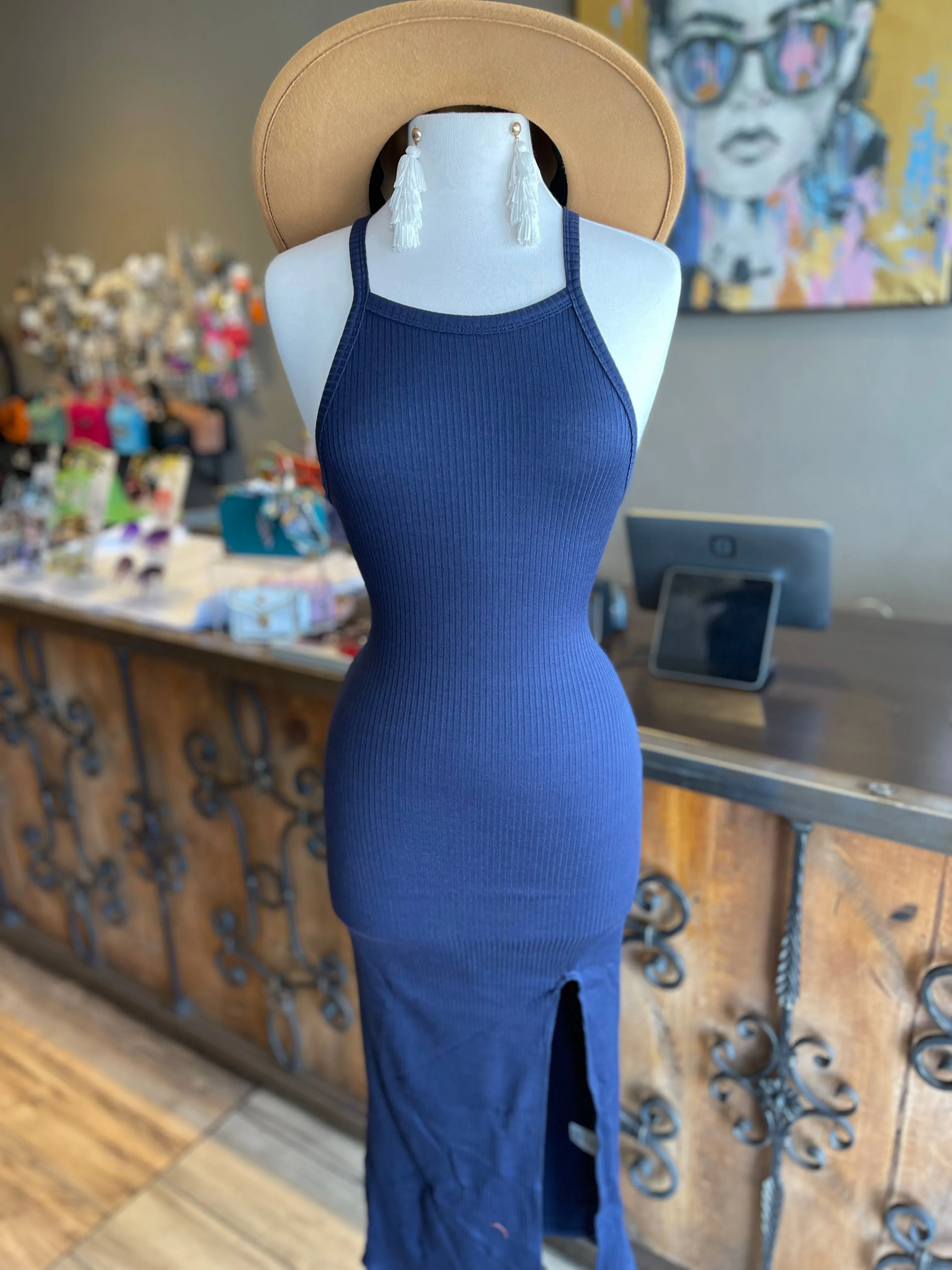 Knit Rib Strap Shoulder Side Slit Dress FINAL SALE