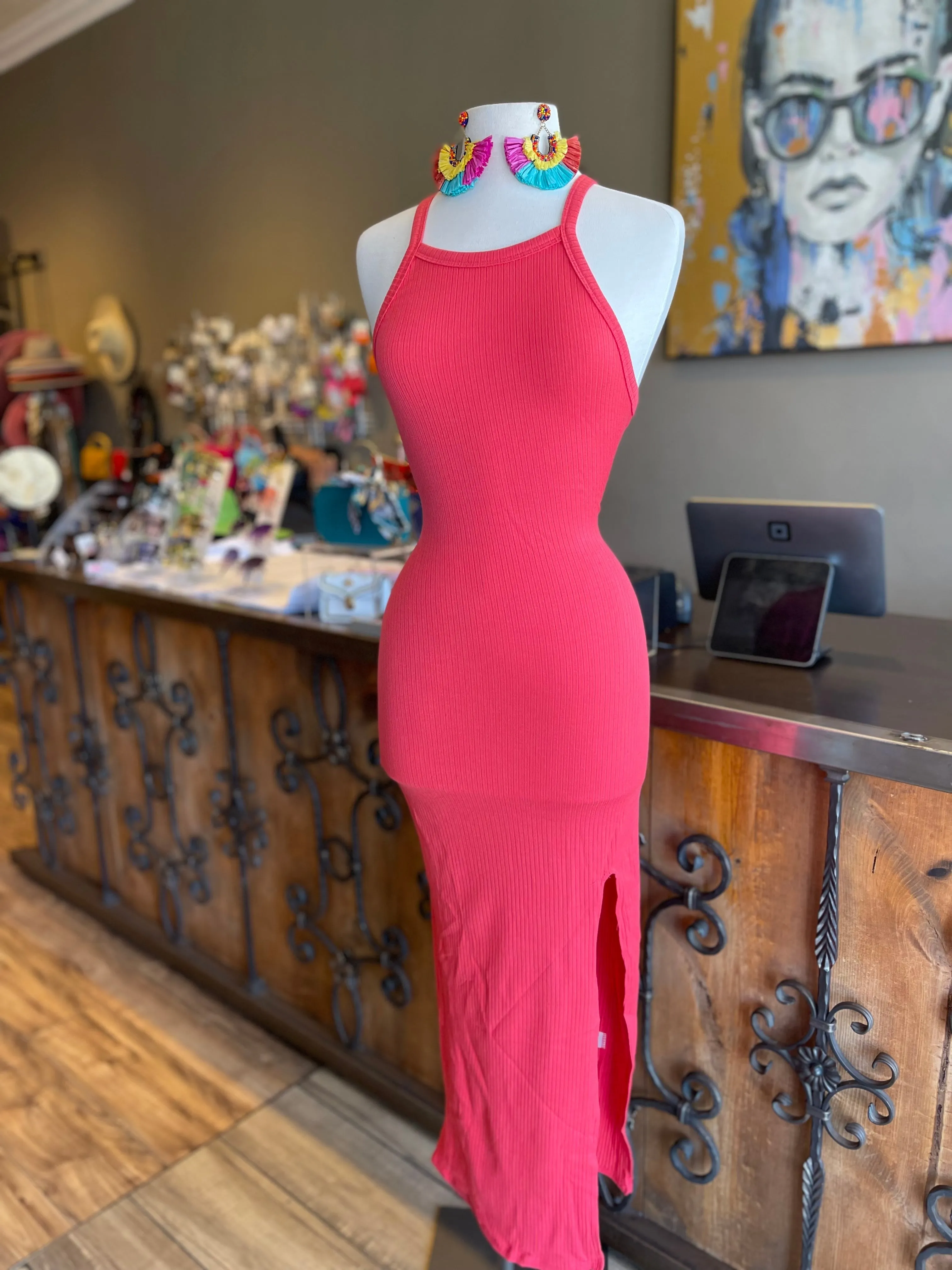 Knit Rib Strap Shoulder Side Slit Dress FINAL SALE