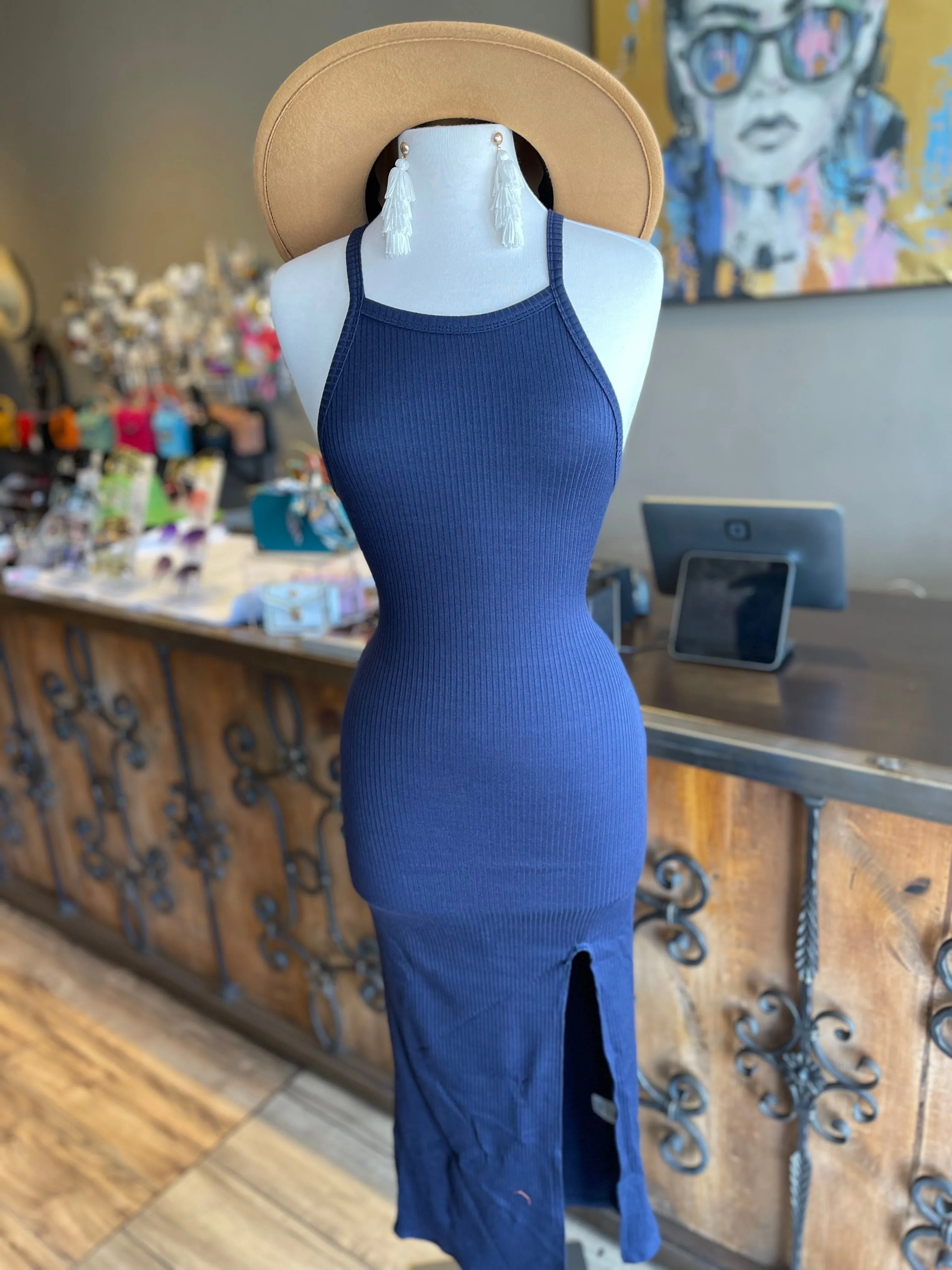 Knit Rib Strap Shoulder Side Slit Dress FINAL SALE